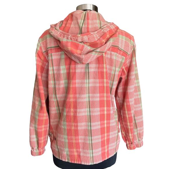 Christopher & Banks Orange Green Plaid Full Zip Cotton Twill Jacket Hooded MED - Picture 2 of 10